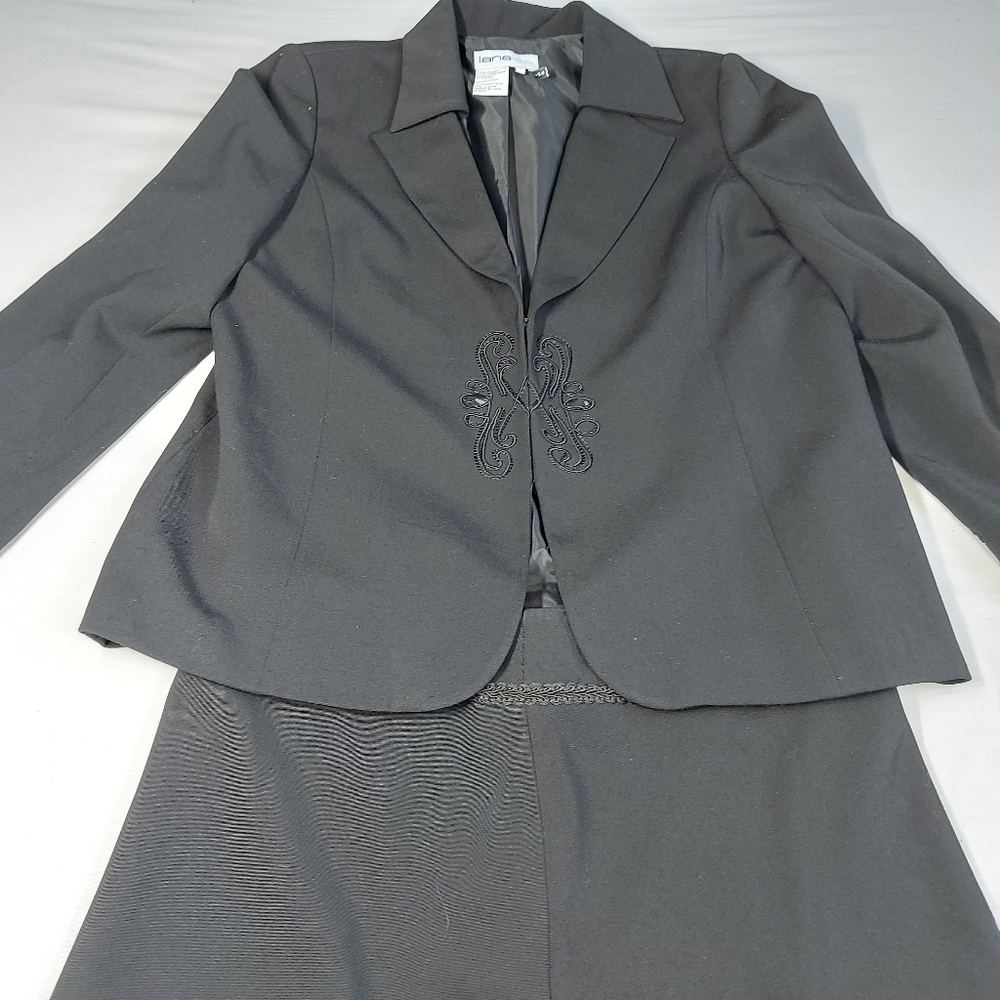 Lana Lee Vintage Classic Black Suit Skirt Blazer Set With Embroidery, Beads, 14
